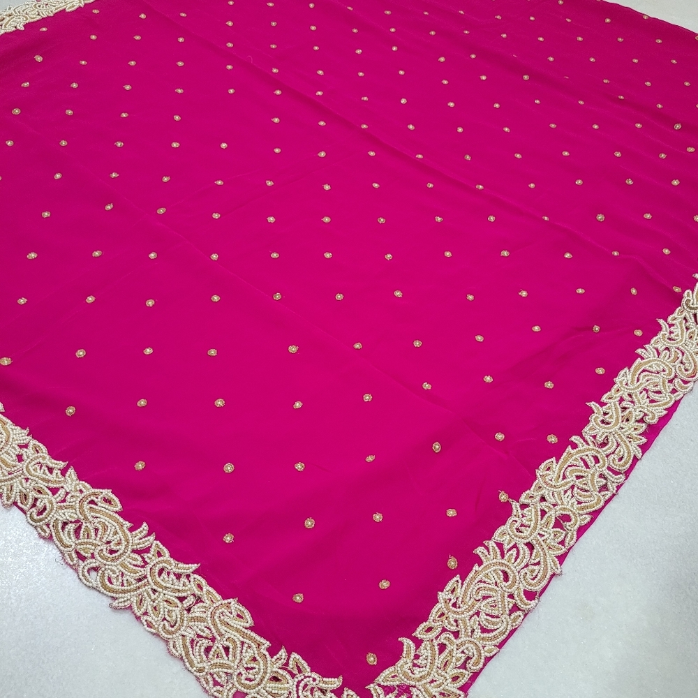 Hot Pink Saree with Pearls Work - Picture 3 of 14